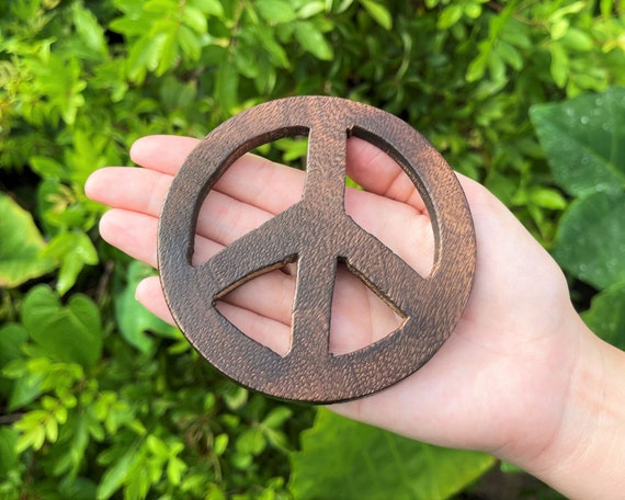 4" Wood Peace Sign Altar Tile: Wooden Carved and Stained