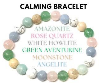 Calming Bracelet: Amazonite, Angelite, Rose Quartz, Moonstone, Green Aventurine, and White Howlite 8 mm Round Peace Crystals (Bracelet Gift)