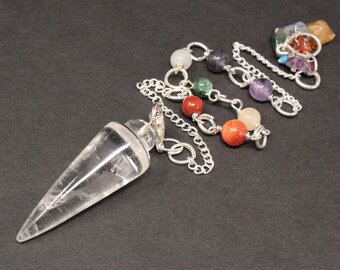Clear Quartz Pendulum & 7 Chakra Chain (Crystal Pendulum, Dowsing, Divination)