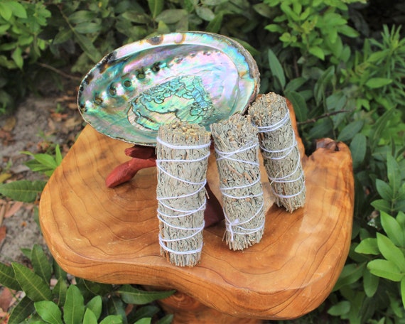 Home Smudging Kit - Premium Abalone Shell, 3 Blue Sage Smudge Sticks, 6" Tripod Stand and Directions: House Cleansing & Blessing Kit