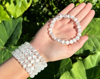 Selenite Bead Bracelet: 6 mm or 8 mm Round Crystals (Premium Grade Stretch Gemstone Bracelet, Selenite Crystal Bracelet)