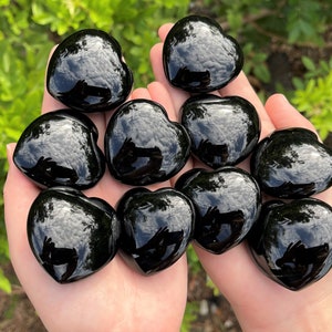 LARGE Black Obsidian Heart Crystal, LARGE 1.75&quot; - Choos How Many Bulk Discounts! (Palmstone Heart, Polished Black Obsidian Heart)