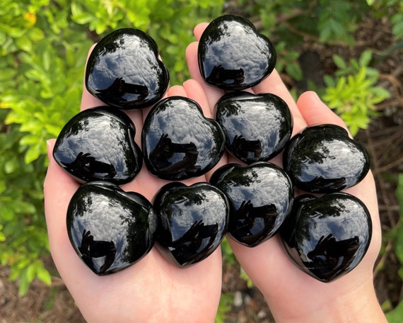 LARGE Black Obsidian Heart Crystal, LARGE 1.75" - Choos How Many Bulk Discounts! (Palmstone Heart, Polished Black Obsidian Heart)