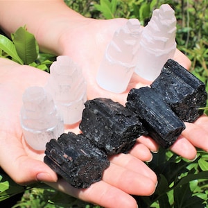 4 Selenite Towers & 4 Extra Grade Black Tourmaline Logs: Full Home Protection Kit