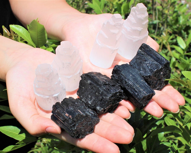 4 Selenite Towers & 4 Extra Grade Black Tourmaline Logs: Full Home Protection Kit