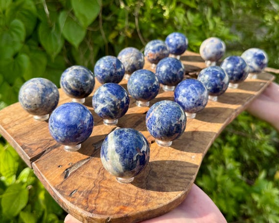 Sodalite Crystal Sphere with Stand, 1.5" Polished Spheres (Intuition Crystal Ball, Communication Stone, Third Eye Chakra Crystal)