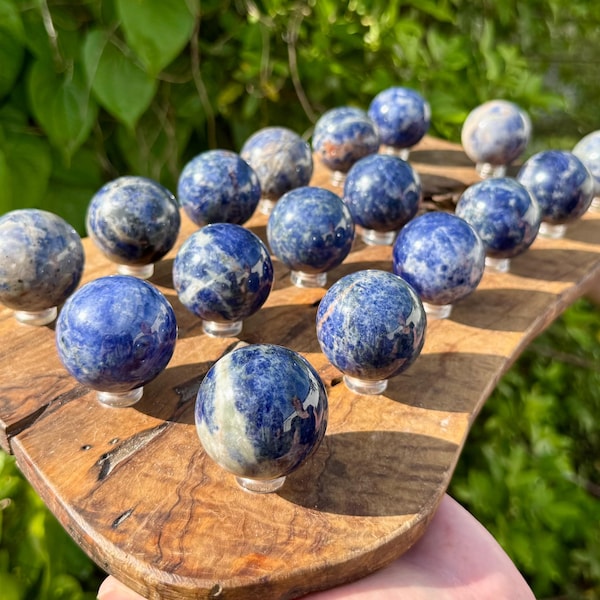 Sodalite Crystal Sphere with Stand, 1.5" ('A' Grade Polished Sodalite Spheres)