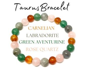 Taurus Zodiac Bracelet - Carnelian, Labradorite, Green Aventurine & Rose Quartz 8 mm Round Taurus Crystal Beads (Taurus Birthstone Bracelet)