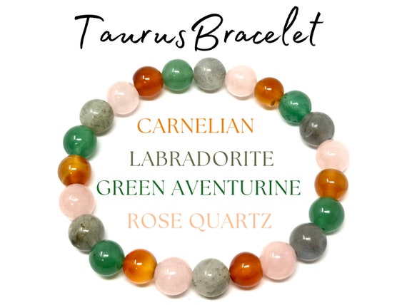 Taurus Zodiac Bracelet - Carnelian, Labradorite, Green Aventurine & Rose Quartz 8 mm Round Taurus Crystal Beads (Taurus Birthstone Bracelet)