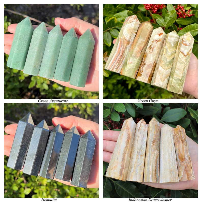 May include: A collection of four sets of crystal points displayed in hands. The sets include five green aventurine points, five green onyx points with banded patterns, five metallic gray hematite points, and five Indonesian desert jasper points.
