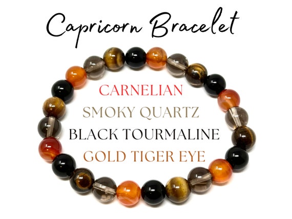Capricorn Zodiac Bracelet - Black Tourmaline, Carnelian, Smoky Quartz, & Gold Tiger Eye 8 mm Round Capricorn Crystal Beads (Birthstone)