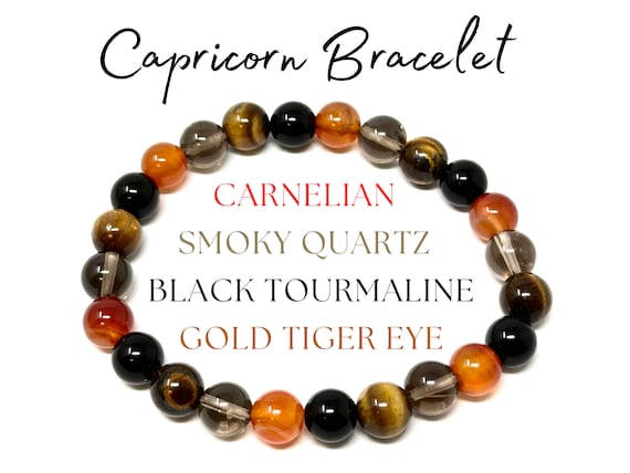 Capricorn Zodiac Bracelet - Black Tourmaline, Carnelian, Smoky Quartz, & Gold Tiger Eye 8 mm Round Capricorn Crystal Beads (Birthstone)