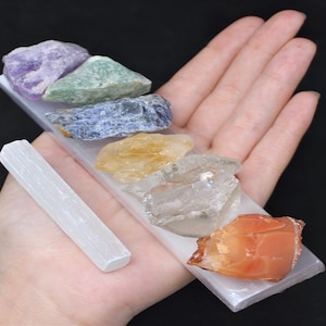 MEDIUM 7 Rough Crystal Chakra Set + 6" Selenite Charging Plate + Directions (Healing Stones, Chakra Stones, Selenite Charging)