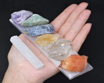 MEDIUM 7 Rough Crystal Chakra Set + 6" Selenite Charging Plate + Directions (Healing Stones, Chakra Stones, Selenite Charging)