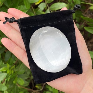 Selenite Palm Stone with Carry Pouch,  2.5&quot; Soap Stone Shape Oval - Choose How Many, Bulk Discounts!(Smooth Polished Selenite Crystal)