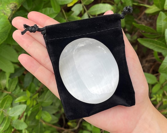 Selenite Palm Stone with Carry Pouch: 2.5" Soap Stone Shape Oval (Smooth Polished Crystal)