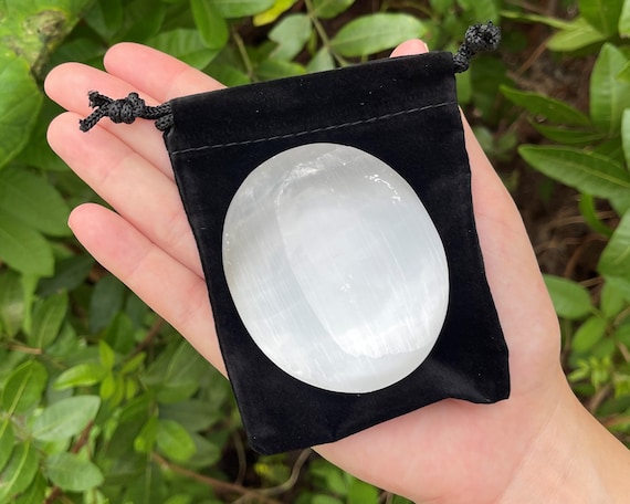 Selenite Palm Stone with Carry Pouch,  2.5" Soap Stone Shape Oval - Choose How Many, Bulk Discounts!(Smooth Polished Selenite Crystal)