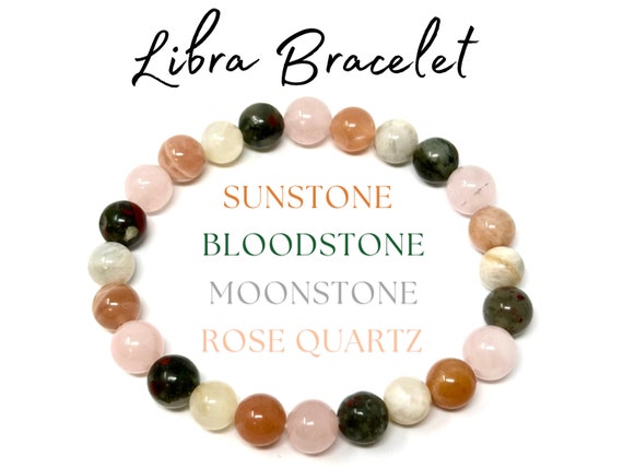 Libra Zodiac Bracelet - Moonstone, Sunstone, Bloodstone & Rose Quartz 8 mm Round Libra Crystal Beads (Libra Birthstone Bracelet, Libra Gift)