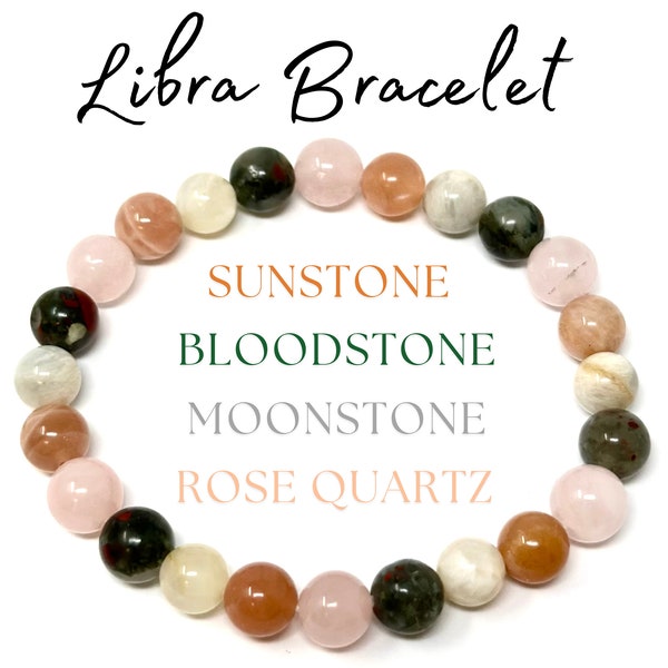 Libra Zodiac Bracelet - Moonstone, Sunstone, Bloodstone & Rose Quartz 8 mm Round Libra Crystal Beads (Libra Birthstone Bracelet, Libra Gift)