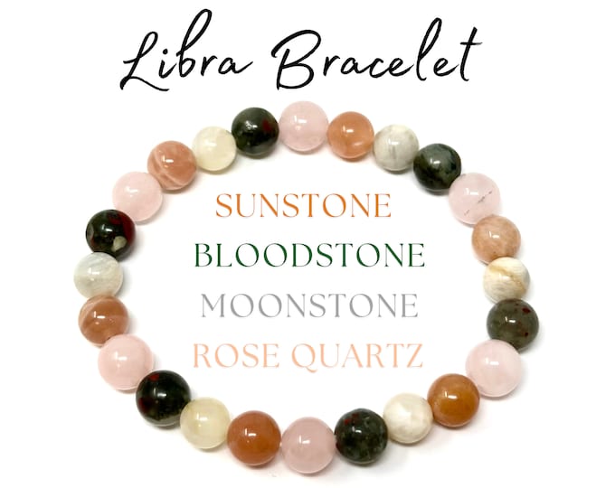 Libra Zodiac Bracelet - Moonstone, Sunstone, Bloodstone & Rose Quartz 8mm Round Libra Crystal Beads