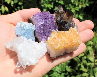 5 Piece Lot: Amethyst, Celestite, Citrine, Clear Quartz & Smoky Quartz Crystal Cluster Specimens