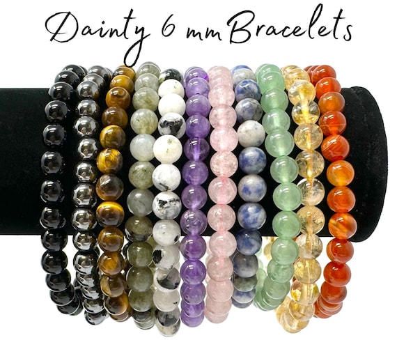 Gemstone 6 mm Dainty Bead Bracelets: BUY 3 GET 1 FREE - 6 mm Rounded Stone Natural Crystal Bracelets (Minimalist Gemstone Bracelets)