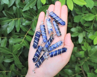 Sodalite Spiral Wire Wrapped Point Pendant / Necklace (Sodalite Point Pendant, Crystal Pendant, Coil Wire Wrapped Sodalite Necklace)