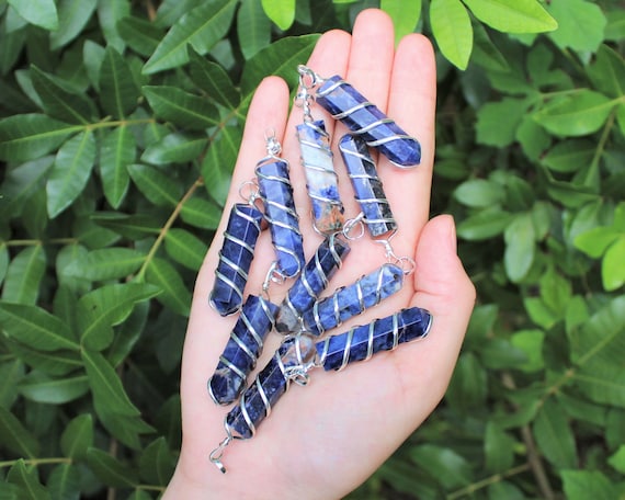 Sodalite Spiral Wire Wrapped Point Pendant / Necklace (Sodalite Point Pendant, Crystal Pendant, Coil Wire Wrapped Sodalite Necklace)