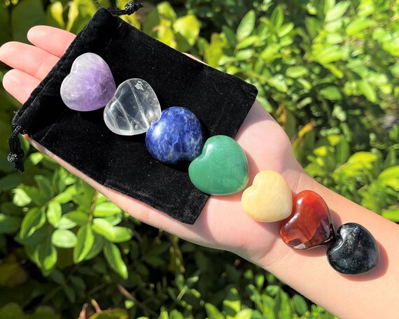 7 Chakra Heart Gemstone Set with Drawstring Pouch (Crystal Heart Worry Stones)