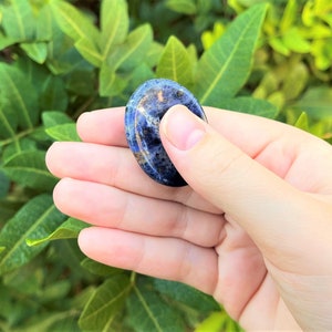 Op de afbeelding: Een gladde, ovale blauwe en witte edelsteen met een draaiend patroon. De steen wordt in een hand gehouden tegen een groene, bladerige achtergrond.