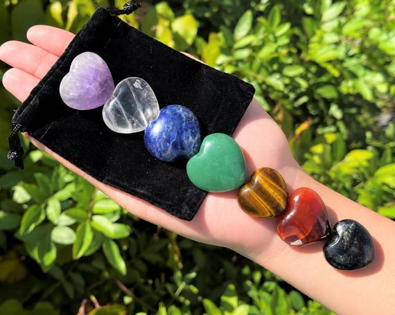 7 Chakra Crystal Heart Set - 7 Polished Gemstone Hearts with Carry Pouch