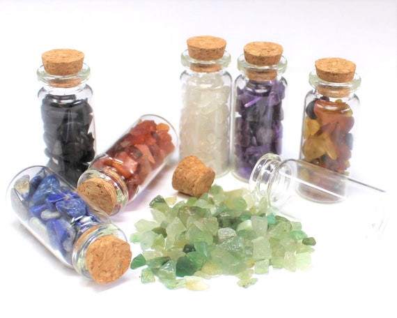 7 Chakra Set of Mini Gemstone Chip Bottles: Amber, Amethyst, Carnelian, Clear Quartz, Green Aventurine, Sodalite, Tourmaline (Crystal Chips)