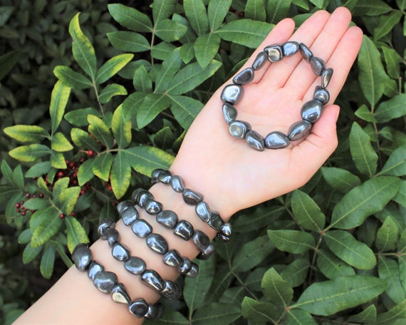 Hematite Tumbled Gemstone Bracelet: 6-8 mm Stones (Premium Grade Stretch Nugget Bracelet)