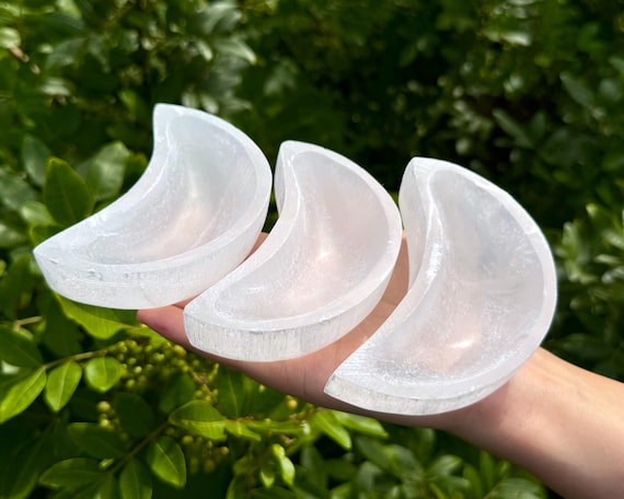 Large Selenite Moon Crystal Bowl, 4” Charging Bowl - Decorative Stone Bowls for Altar Decor