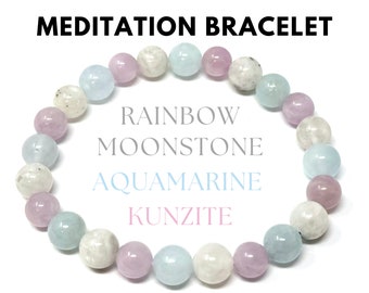 Meditation Bracelet - Aquamarine, Kunzite, & Rainbow Moonstone 8 mm Crystal Beads (Clarity and Mindfulness Gemstones)