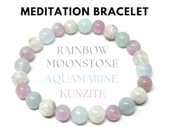 Meditation Bracelet: Aquamarine, Kunzite, & Rainbow Moonstone 8 mm Round Clarity and Mindfulness Crystals (Gemstone Bracelet, Gift)