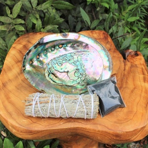 Smudge Kit: Large Abalone Shell, Blue Sage Smudge Stick, Pack of Black Salt (for Protection) PLUS Smudging Guide!