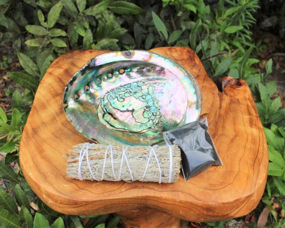 Smudge Kit: Large Abalone Shell, Blue Sage Smudge Stick, Pack of Black Salt (for Protection) PLUS Smudging Guide!