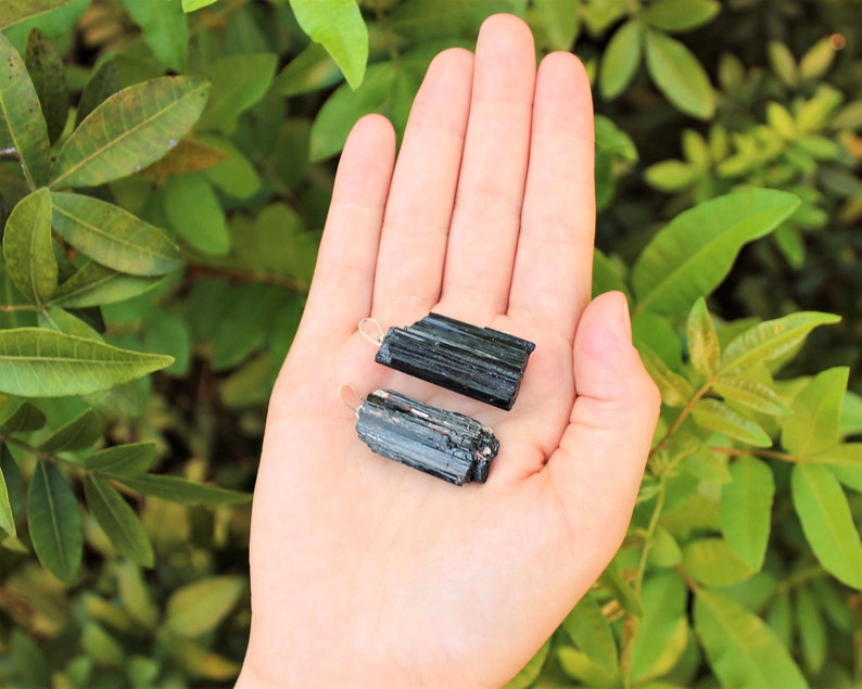May include: Two raw, black tourmaline crystal earrings with gold-colored hooks are held in a hand against a backdrop of green foliage. The crystals have a rough, natural texture and are rectangular in shape.