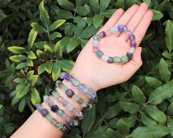 Fluorite Tumbled Gemstone Bracelet: 6-8 mm Stones (Rainbow Fluorite Bracelet, Premium Grade Stretch Nugget Bracelet)