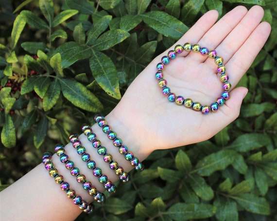 Rainbow Hematite Bead Bracelet: 8 mm Round Crystals (Premium Grade Stretch Gemstone Bracelet, Iridescent Hematite)