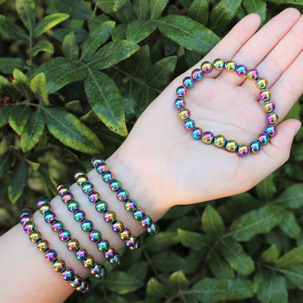 Rainbow Hematite Bead Bracelet: 8 mm Round Crystals (Premium Grade Stretch Gemstone Bracelet, Iridescent Hematite)