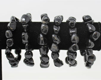 Black Tourmaline Tumbled Gemstone Bracelet: 6-8 mm Stones (Black Tourmaline Nugget Bracelet, StretchBracelet, Gift)