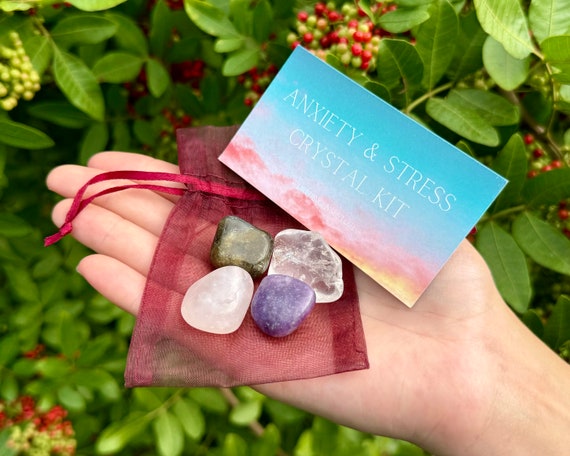 Stress Relief Crystal Kit, 4 pcs In Organza Pouch - Most Popular Tumbled Crystal Gift Kits (Chakra Protection Healing Sets)