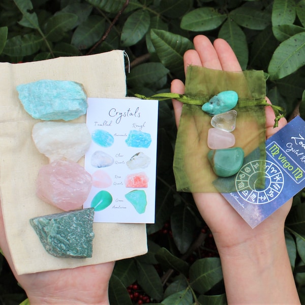 Virgo Zodiac Crystal Kit, 4 Birthstones in an Organza Pouch: You Choose Rough or Tumbled Stones, or Both! (Crystal Gift Kits)