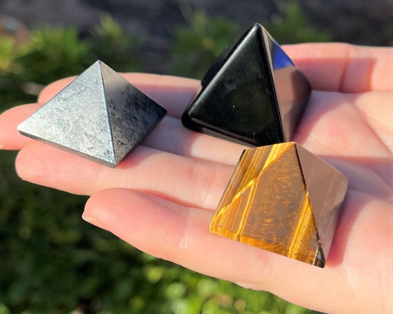 Pyramid Triple Protection Set: Black Obsidian, Gold Tiger Eye & Hematite Gemstone Pyramids (Home Protection Set, Polished Pyramids)