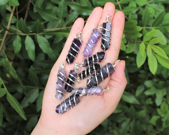 Amethyst Spiral Wire Wrapped Point Pendant / Necklace (Amethyst Point Pendant, Crystal Pendant, Coil Wire Wrapped Amethyst Necklace)