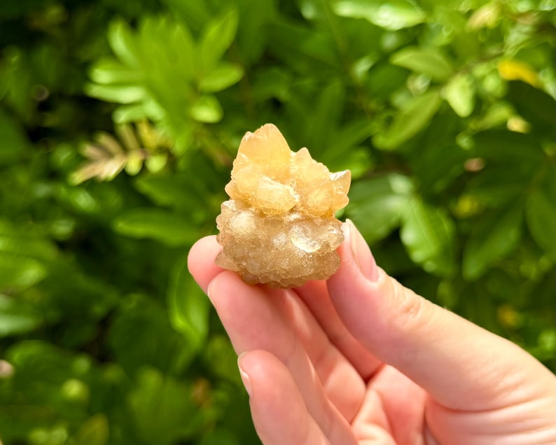 May include: A small, translucent, golden-yellow mineral specimen with a cluster of jagged, crystalline points at the top and a rounded, textured base. The mineral displays a natural, uneven surface with varying levels of clarity and light reflection.