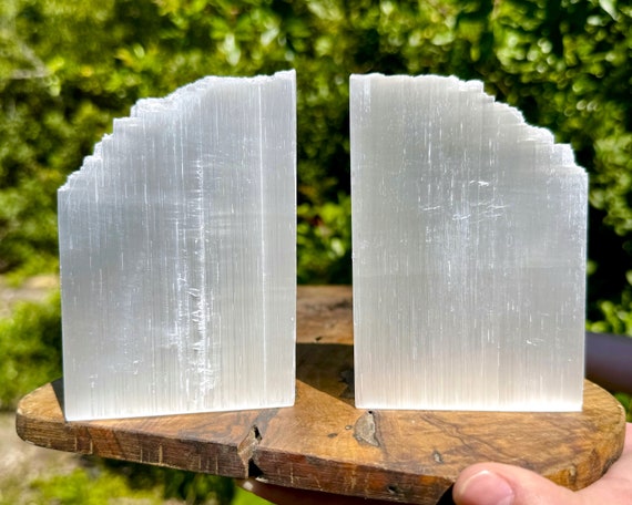 Selenite Book Ends - Beautiful LARGE White Selenite Crystal Book Ends, 4.5" Tall x 3" Wide (Premium Quality Selenite Home Decor Bookends)