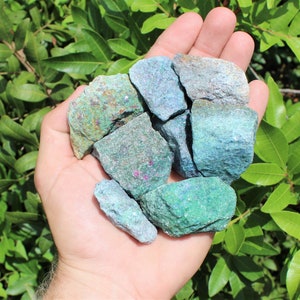 May include: A handful of rough-cut stones in shades of teal, turquoise, and green, with flecks of red. The stones are held in a hand against a backdrop of green foliage. The stones appear to be natural minerals.